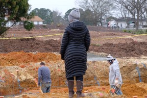 Anita Avent overlooking the construction site and future garden, 2016